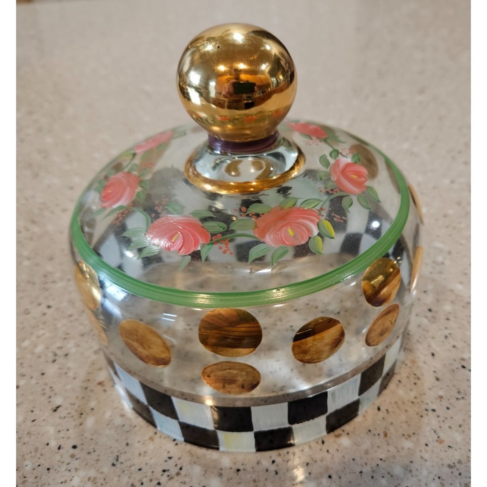 MacKenzie-Childs Hand Painted Glass Dome Cloche Courtly‎ Check Gold Floral